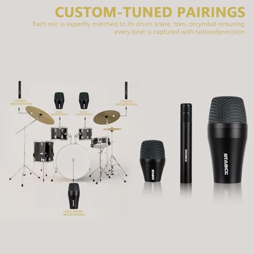 Image of 7 Piece Drum Mic Kit with Carrying Case, Full Metal Wired Dynamic Drum Mics Set for Kick Bass, Tom, Snare, Hi-hat Cymbals and Musical Instrument Drum Microphone with Holders, Threaded Clips