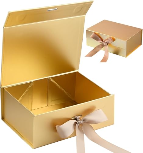 AMERTEER Luxury Magnetic Gift Box | 22x16.5x8.8cm Golden Large Box With Ribbon - Folding Gift Boxes For Present With Lid | Women Wedding Bridal Gifts Suitable For Anniversary (Golden) (Gold)
