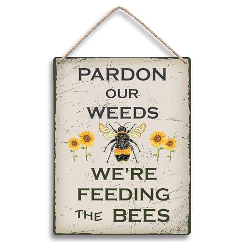 FUGWN Pardon Our Weeds Were Feeding the Bees Hanging Wooden Signs 8×10 Garden Signs Bee Decor Garden Decor for Outside Gardening Decor Gifts for Gardeners Bee Themed Gifts