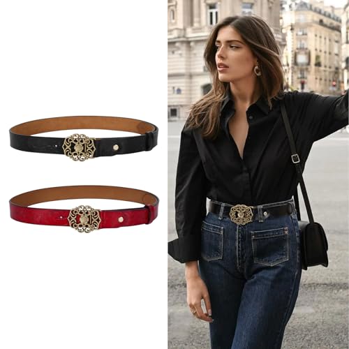 Image of Aurolran Women's Fashion Classic Metal Buckle Leather Belt with Jeans Dress