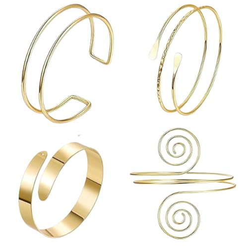 4 Pcs Gold Arm Cuff Jewelry for Women Adjustable Upper Arm Cuff Bracelet Minimalist Arm Bangle Gold Bicep Cuff Forearm Cuff Plus Size Arm Cuff Jewelry Boho Goddess Armlet Upper Arm Band for Wedding Party