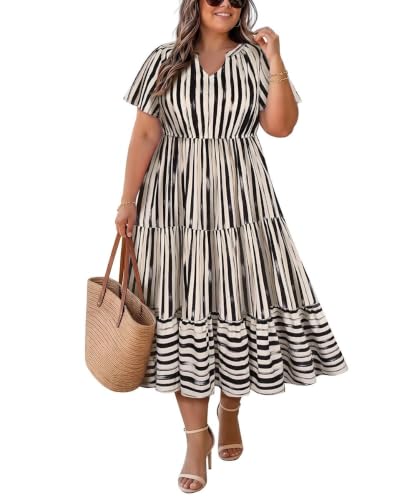 Image of TIYOMI Women Plus Size Dress Boho V Neck Short Sleeve Beach Maxi Dresses Floral /Stripe /Leaves /Lemon XL-5XL