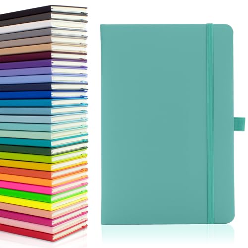 Notes London Eco A5 Notebook with Lined Pages, Pen Loop, Ribbon, Date Marks and Paper Pocket, Medium Hardback Journal, Note, sustainably sourced paper (Pastel Teal)