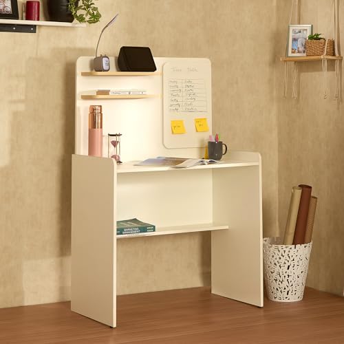 Image of Green Soul Dora Study Table for Home (2026 Edition) with Writing Board & Bookshelf | IS-3087 Engineered Wood| Computer /Writing Desk for Home, Adults & Students, White, 3 Year Assurance