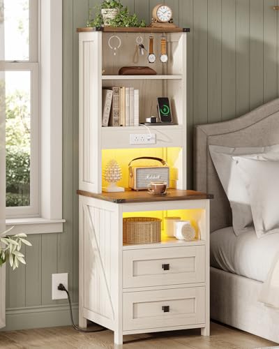 OTMCOOUCH Farmhouse Tall Nightstand with Charging Station and Bookshelf Led Wood Night Stand with 2 Drawers Bedside End Side Table with 6 Hooks and Storage Shelves for Bedroom Antique White