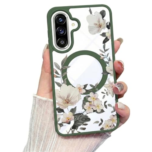 Image of VONZEE Compatible with Samsung Galaxy A37 5G Case Luxury Retro Flowers Floral Clear for Magnetic Wireless Charging Case Shockproof PC+TPU Cute Glossy Shiny Cover for Girls Women, Green