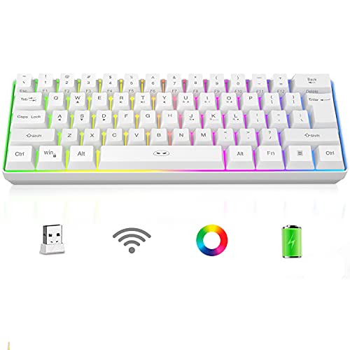 MageGee 60% Wireless Gaming Keyboard with 2.4G Connection, Ultra Compact 61 Keys RGB Backlit Quiet Office Keyboards for Windows Laptop PC, Waterproof, White