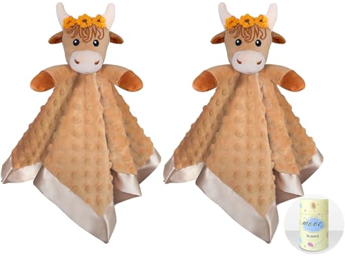 Image of MOVEPAI Baby Security Blanket, Soft Baby Lovey Toy Blanket for Girls, Snuggle Toy Lovie Newborn Gift, 2PCS Babies Blankie Girl Highland Cow 16 Inch