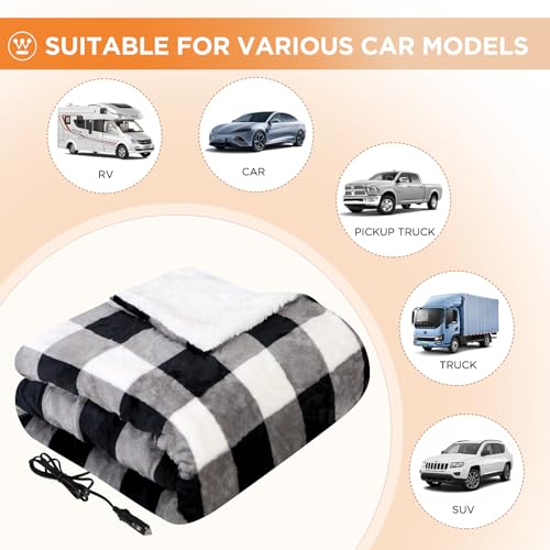Image of Westinghouse Heated Car Blanket, 12-Volt Electric Blanket for Car, Truck, SUV, RV, Portable Heated Throw for Camping, Grey Buffalo Plaid, 59 inch x 43 inch
