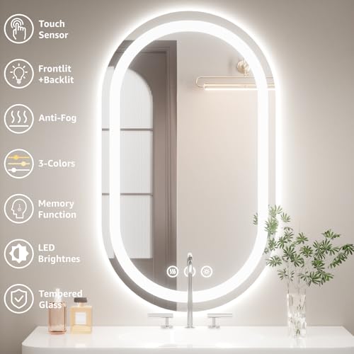 24"x36" Oval LED Mirror for Bathroom,Lighted Bathroom Vanity Mirror with Lights - Anti-Fog,Front Light and Backlit, Dimmable, 3 Colors,Mirror with Touch Sensor,Espejos para Baños - Image 3