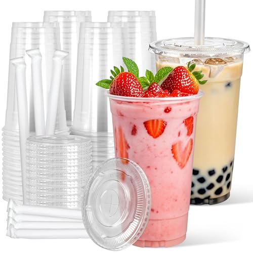Charmount 32 oz Clear Plastic Cups with Lids and Jumbo Boba Straws Disposable To Go Cups for Iced Coffee Milkshake Smoothies Boba Milk Tea Matcha Latte 25 Sets