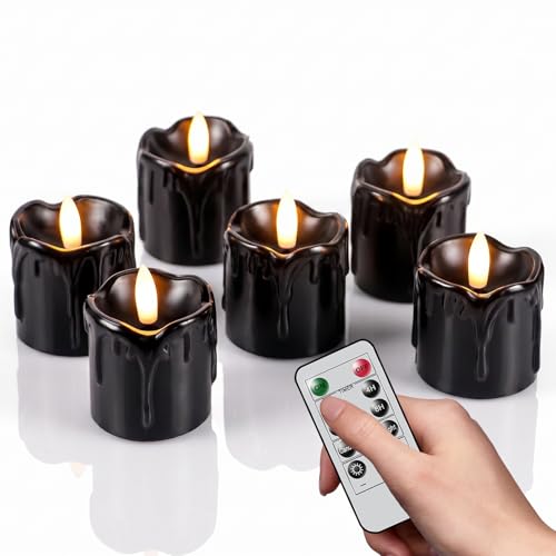 Image of Black Flameless Votive Candles Battery Operated with Remote Timer | 400 Hours Long Lasting Battery Included, LED Tealights Flickering Dripping Wax, Halloween Indoor Decor, 2 inchD x 2.5 inchH, 6 Pack