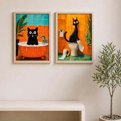 Image of PAINTINGMANTRA Quirky Black Cat Bathroom Wall Art Painting For Living Room, Whimsical Bathtub Framed Painting, Cute Aesthetic Cat Framed Wall Art for Bathroom, Restroom & Washroom Decor, 9x13 Inch