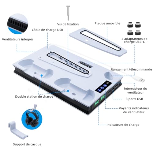 Support de refroidissement PS5 avec chargeur magnétique de manette double