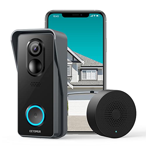 Video Doorbell Camera, CEYOMUR 1080P Wireless Doorbell with Chime, PIR Motion Detection, Two-Way Audio, Night Vision, 140°Wide Angle, Rechargeable Batteries, Simple Self-Installation Cover