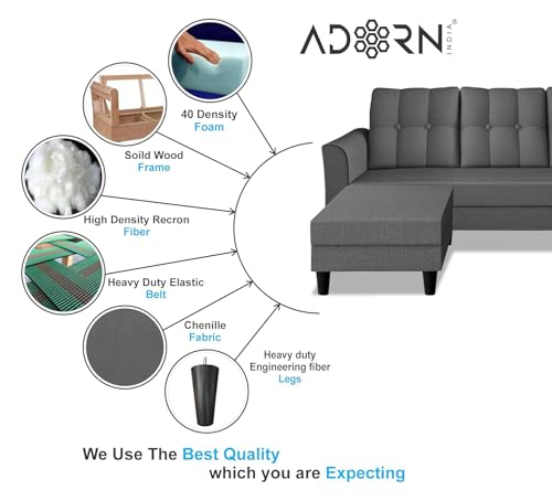 Image of Adorn India Maddox Tufted L Shape 4 Seater Wood Sofa Set (Grey) (3 Year Warranty)