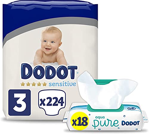 Dodot Pañales Bebé Sensitive Talla 3 (6-10 kg), 224 Pañales + Toallitas...