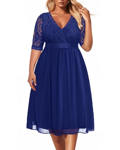 Image of Pinup Fashion Plus Size Lace Chiffon Wrap V Neck Dresses Women Cocktail Wedding Guest Midi Dress