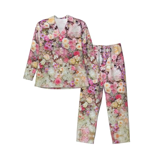 Pyjama long homme imprimé floral rose : vêtements de détente confortables 2 pièces
