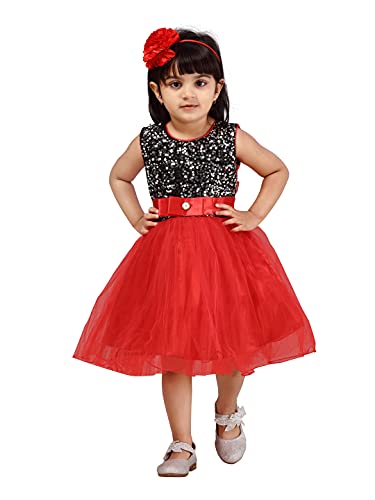 Image of MUHURATAM Girl's Net Fit and Flare Knee-Length Dress