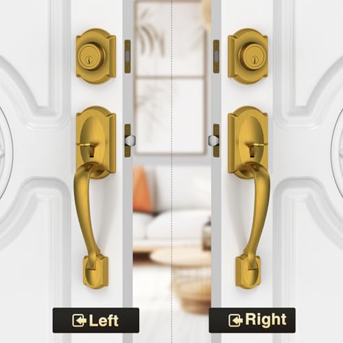 Image of Front Door Lock Set, Brass Front Door Handle and Deadbolt Set, Vintage Exterior Door Lock Set, Front Door Handle with Single Cylinder, Reversible for Right & Left, Antique Brass