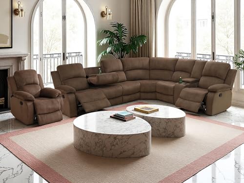 Manual Reclining Sofa Set with Drop-Down Table, Corduroy Sofa Sets, Living Room Furniture Sets, Modern Manual Recliner Sofa Sets with Storage Console for Living Room (Brown, Sectional+Chair)