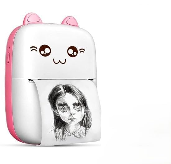 mini thermal printer, portable wireless photo printer, pink | bluetooth connectivity, ink-free printing, kids & students, compact design, cat-shaped body