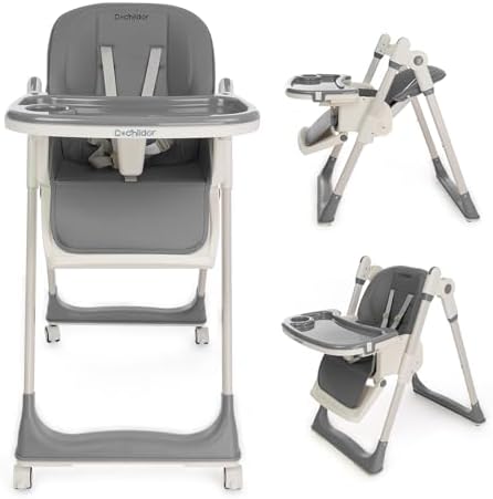 Cochildor 3-in-1 Foldable High Chair for Babies & Toddlers – Adjustable Height, Reclining Seat, 5-Point Safety Harness, Removable Tray, Lockable Wheels, Washable Cushion – Portable & Easy Clean, Gray