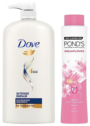 Image of Dove Intense Repair Shampoo, 1L & POND'S Dreamflower Fragrant Talcum Powder, Pink Lily, 400 g