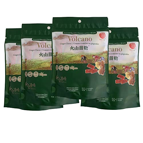 Sina Volcano Assorted (Lemon, Mango, Original, Orange) Ginger Chews, 4 Bags, 4.4 oz Per Bag, Total 17.6oz(1.1 lbs)