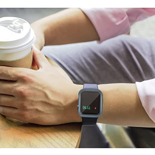 Image of HANKN (2 Pack Hard PC Case with Button for Apple Watch Series 9 8 7 41mm Tempered Glass Screen Protector Case, Full Coverage Ultra-thin Iwatch Bumper Cover (Night Blue, 41mm)