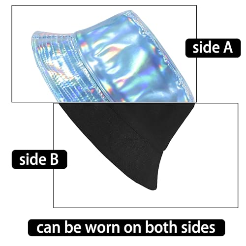 Image of Unisex Black Bucket Hat Waterproof Rain Hat Reversible Shiny Rave Bucket Hat for Concert Festival