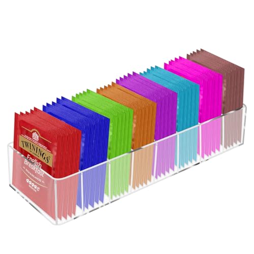 Acrylic Tea Bag Organizer, Clear Small Tea Packet Storage Box Clear Holder with 8 Slot, for Drawer, Countertop, Pantry, Kitchen, Cabinet, Shelf, 1 Pack (Removable partition)