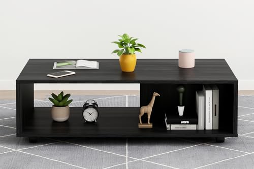 Image of MATTERHORN Wooden Coffee Table with Wheels & Storage Shelf | Modern Centre Table for Living Room, Tea & Drawing Room | Free Assembly, 80 x 40 x 40 cm (MOCT-R92101) (Ebony Black)