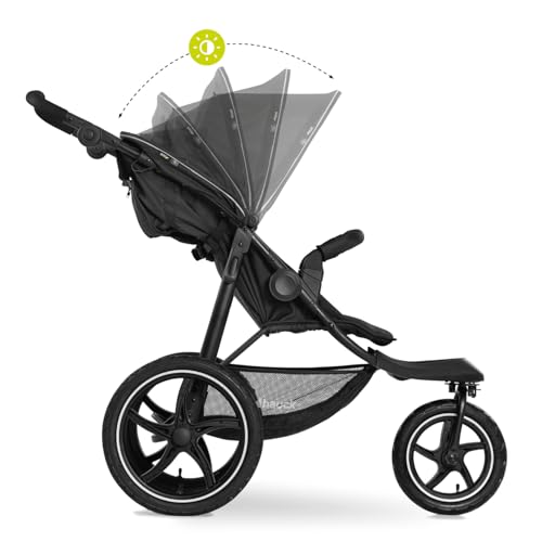 Image of Hauck All-Terrain Pushchair with Pneumatic Tyres, Reclining Seat, Black | UV 50+ canopy, height-adjustable handlebar 76-108 cm, swivel lockable front wheel, up to 22 kg, large 3 kg basket