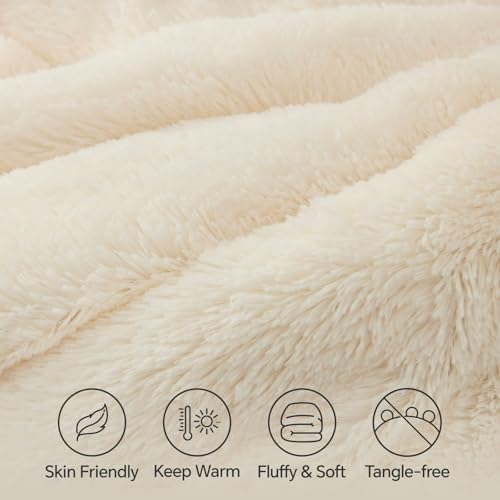 Image of BEDELITE Cream White Fluffy Comforter Set Queen, Fuzzy Faux Fur Comforter | Warm Fleece Shaggy Bedding for Winter, Soft & Cozy Plush Bed Set with 2 Pillowcases