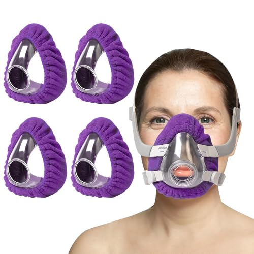CPAP Mask Liners Compatible with ResMed AirFit F20 & Full Face Masks - Soft Polar Fleece Covers with Heart-Shaped Cutout Reduces Air Leaks Red Marks Washable & Elastic Fit (4 Pack Purple M)