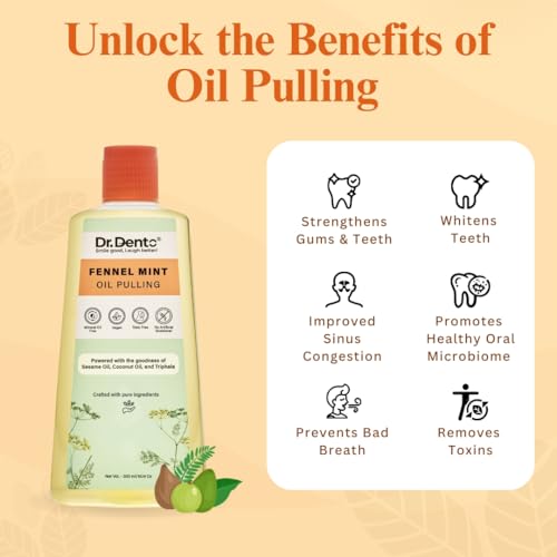 Image of Dr.Dento Fennel Mint Oil Pulling For Mouth 100ml | Ayurvedic Oral Care Mouthwash | Natural Coconut Oil Blend for Healthy Teeth & Gums, Removes Toxins, Prevents Bad Breath & Whitens Teeth (100 ML)
