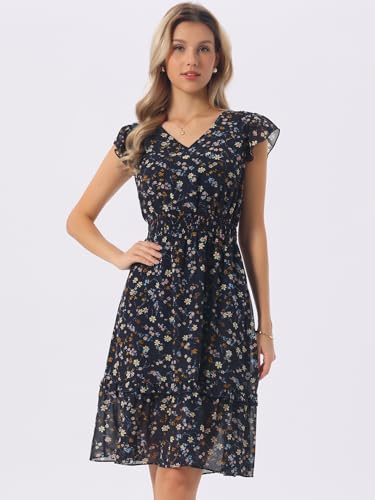 Image of Allegra K Women's Floral Dress Spring Summer V Neck Flutter Sleeve Ruffle Casual Smocked Knee Length Dresses