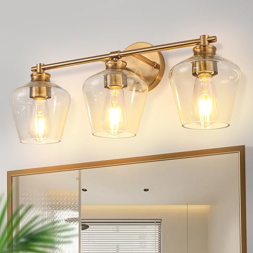 Image of DORESshop 3-Light Gold Bathroom Light Fixtures with Clear Wine Glass Covers, Brushed Brass Bathroom Lighting Fixtures Over Mirrors, Modern Vanity Lights for Bathrooms Bedroom Living Room Hallway, ETL