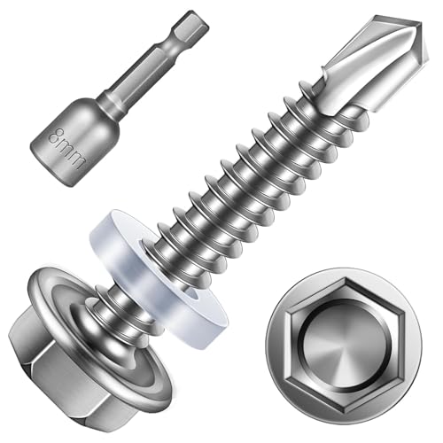Lot de 25 vis auto-taraudeuses à tête hexagonale de 5,5 x 32 mm en acier inoxydable, vis à tôle trapézoïdale avec rondelle d'étanchéité et clé à douille hexagonale