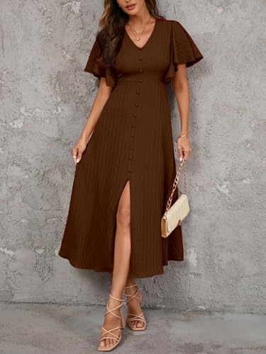 Image of Shasmi Girl's & Women's Pleated Midi Dress with Flutter Sleeves | V-Neck Western Dress for Women | Elegant A-Line Summer Outfit | Office & Casual Wear (Dress 244)