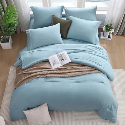 Image of King Size Comforter Set- 7 Pieces Prewashed Bed in a Bag King Bedding Sets | Soft All Season Comforter with Sheets, Pillow Shams & Pillowcases, Blue