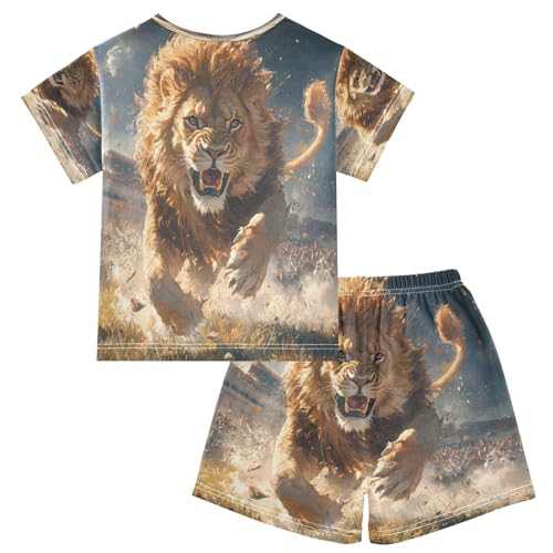 ALAZA Lion Running Pajamas Set Short Sleeve Cotton Sleepwear Summer Pjs 2 Piece 5-14Y2