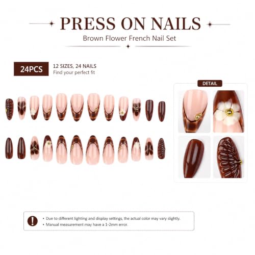 Image of Secret Lives Almond Press-On Nails 24-Piece Set with Kit Translucent Pink,Glossy Brown 2D FlowerArt Tortoiseshell Tips & Gold Stone Accents Artificial Nail Art