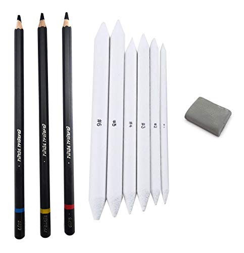 Definite Charcoal Pencils with White Paper Stump/Art Blender/Tortillons & Kneadable Eraser for Graphite & Charcoal Pencils (Set of 3 Charcoal Pencils, 6 Stumps & 1 Kneadable Eraser)