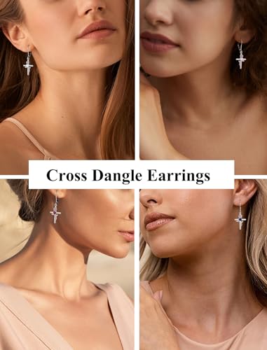 Sterling Silver Cross Earrings Rose Flower Dangle Earring Faith Religious Birthstone Jewelry for Women3