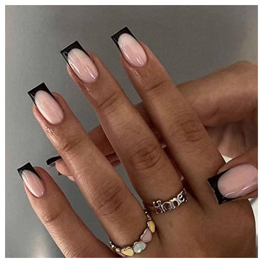RikView French Tip Press on Nails Medium Fake Nails Black Stick on Nails Square Nude Nails for Women