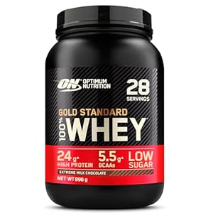 Optimum Nutrition Gold Standard 100% Whey Muscle Building and Recovery Protein Powder With Naturally Occurring Glutamine and BCAA Amino Acids, Extreme Milk Chocolate Flavour, 28 Servings, 896 g