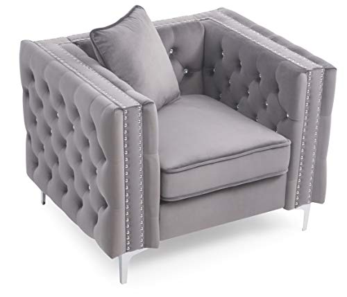 Sillón Terciopelo Gris Tufted Diseño Diamante miniatura 6